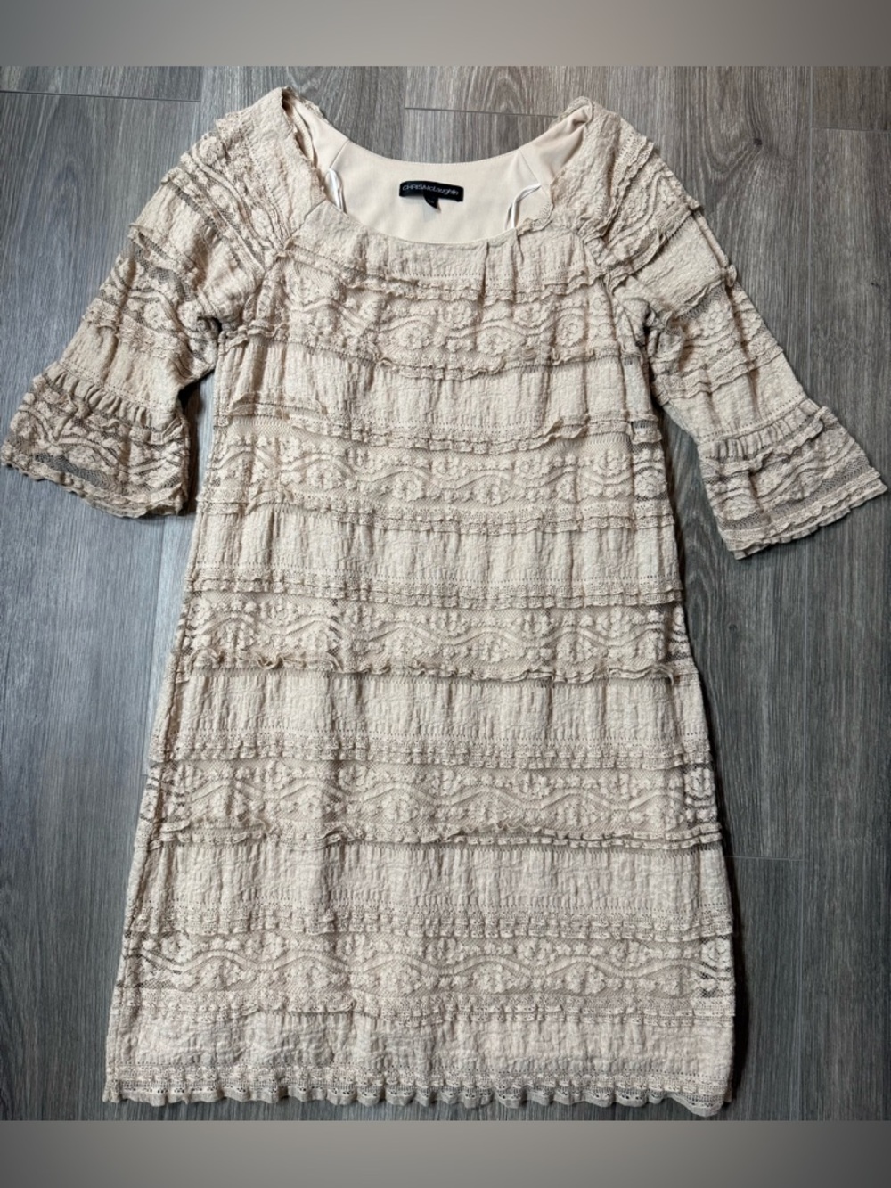 Chris McLaughlin Beige Textured Lace Dress Half Sleeve Peasant Boho Romantic 6P